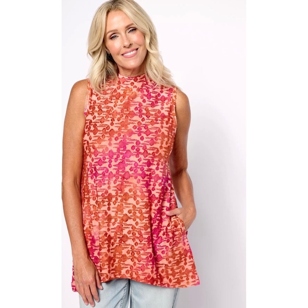 LOGO Lori Goldstein Pink Orange Abstract Burnout Velvet Mock Neck Tank Top 1X